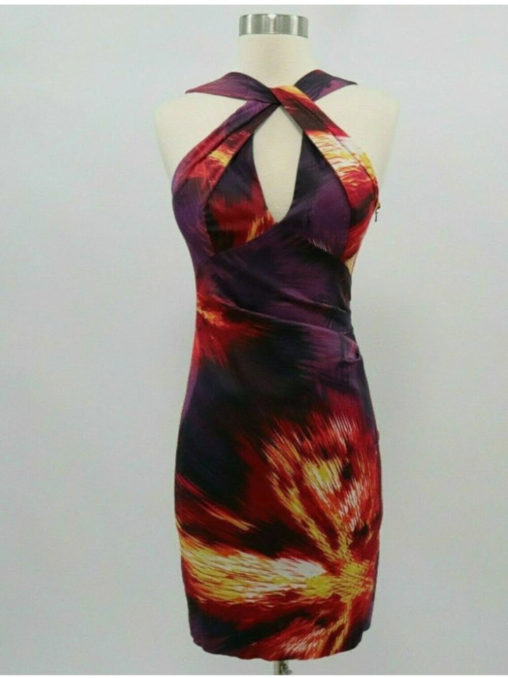 Karen Millen‎ Bold Abstract Keyhole Dress Purple Fiery Orange-Yellow Size 10
